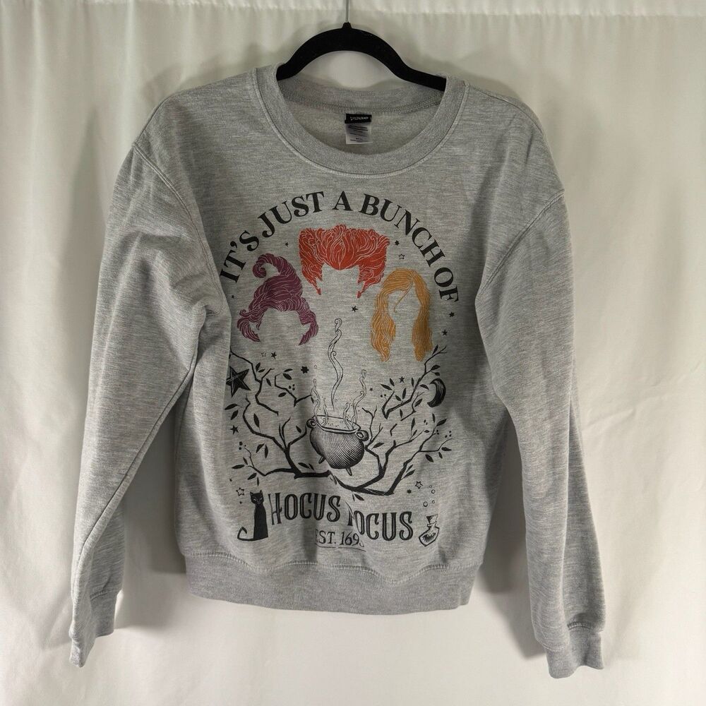 Disney Hocus Pocus Sweater Size XS Grey It's Just A Bunch Of Hocus Pocus Crewnec
